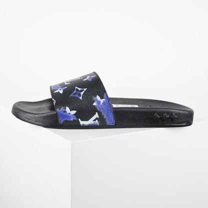 L***V Black Blue Purple Multicolor Monogram Floral Waterfront Wide Strap Slide Sandals — Spring Summer Boutique Limited Edition