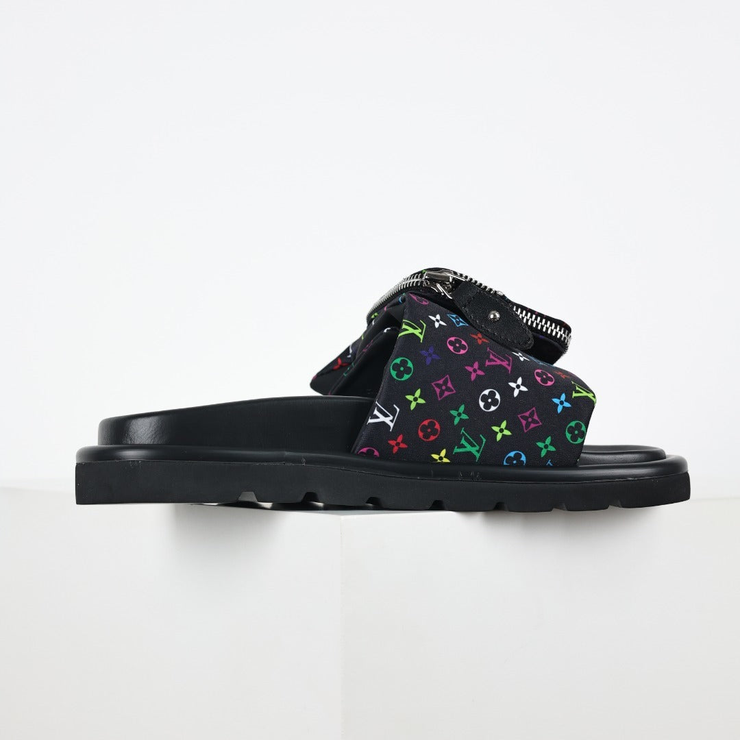 L***V Black Multicolor Monogram Gold Zipper Bow Wide Strap Pool Pillow Slide Sandals — Spring Summer Boutique Limited Edition