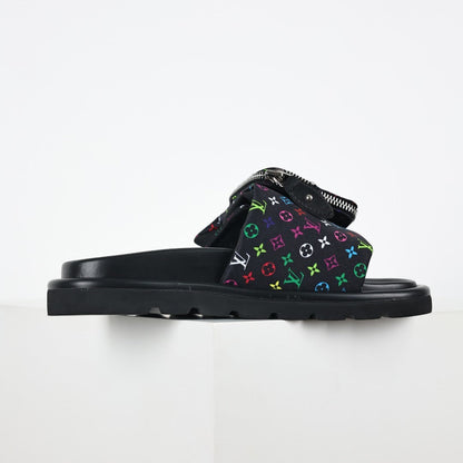 L***V Black Multicolor Monogram Gold Zipper Bow Wide Strap Pool Pillow Slide Sandals — Spring Summer Boutique Limited Edition