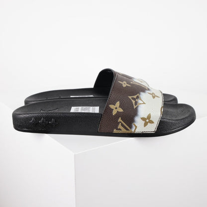 L***V Brown Cream Split Colorblock Monogram Waterfront Wide Strap Slide Sandals — Spring Summer Boutique Limited Edition