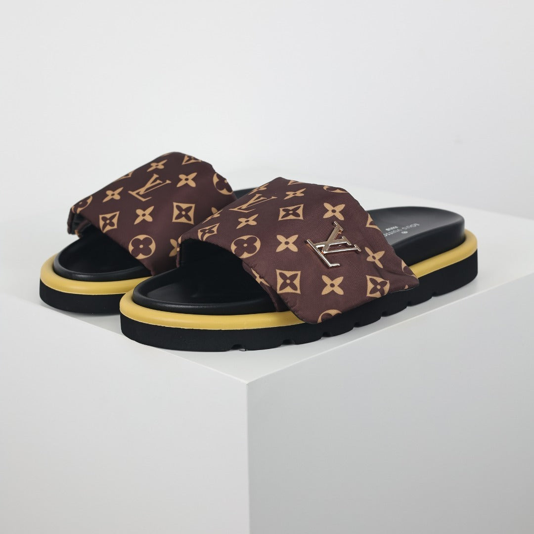 L***V Dark Brown Giant Monogram Canvas Wide Strap Platform Slide Sandals — 2024 Spring Summer Boutique Limited Edition