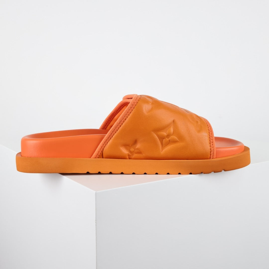 L***V Tangerine Orange Inflated Pillow Leather Velcro Adjustable Wide Strap Miami Slide Sandals — Spring Summer Boutique Limited Edition