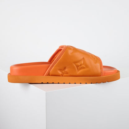 L***V Tangerine Orange Inflated Pillow Leather Velcro Adjustable Wide Strap Miami Slide Sandals — Spring Summer Boutique Limited Edition