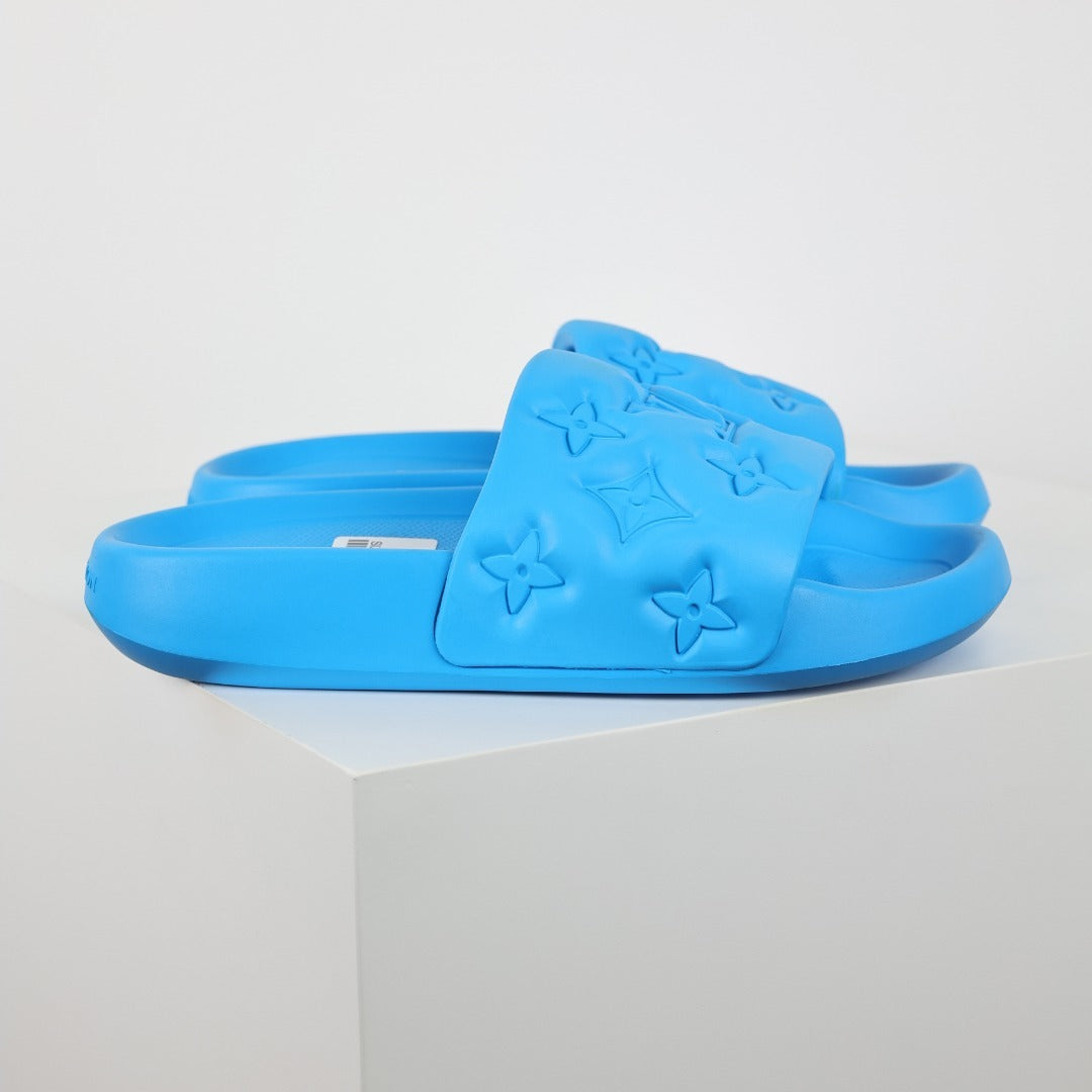 L***V Electric Blue Tonal Monogram Embossed EVA Waterfront Wide Strap Slide Sandals — Spring Summer Boutique Limited Edition