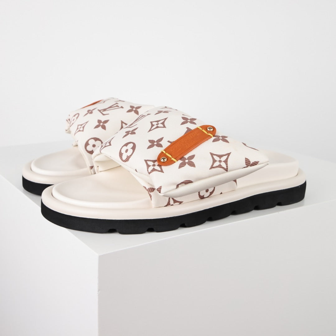 L***V Monogram Velcro Strap Slide Sandals — Adjustable Single Strap Pool Beach Slippers (8 Colors)