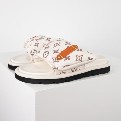 L***V Monogram Velcro Strap Slide Sandals — Adjustable Single Strap Pool Beach Slippers (8 Colors)
