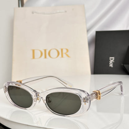 D**R Slim Oval Sunglasses with Crystal Clear Transparent Acetate Frame, Olive Solid Lenses & 3D Gold CD Logo Hardware