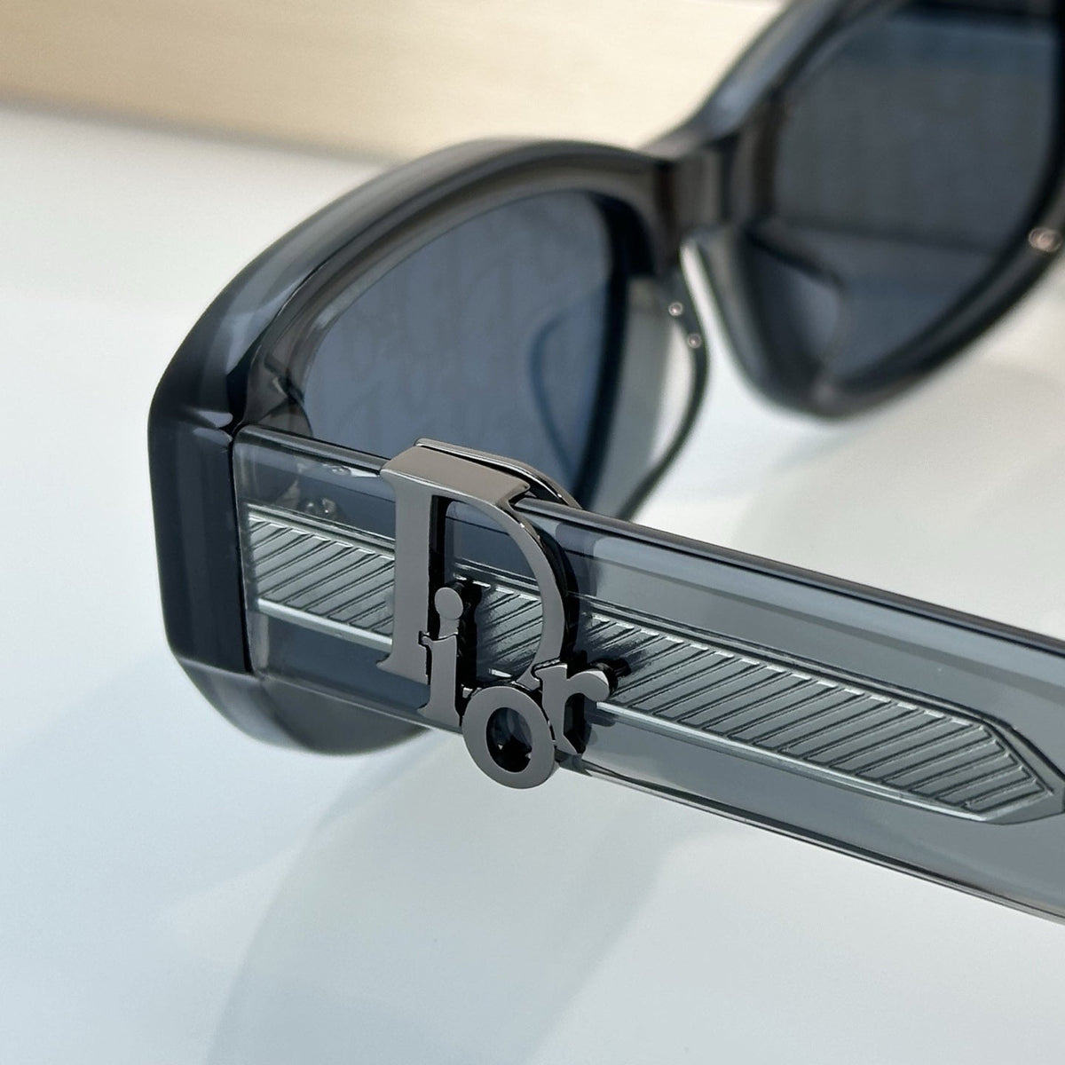 D**R Slim Oval Sunglasses with Smoky Transparent Grey Frame, CD Oblique Monogram Print Lenses & Gunmetal Hardware
