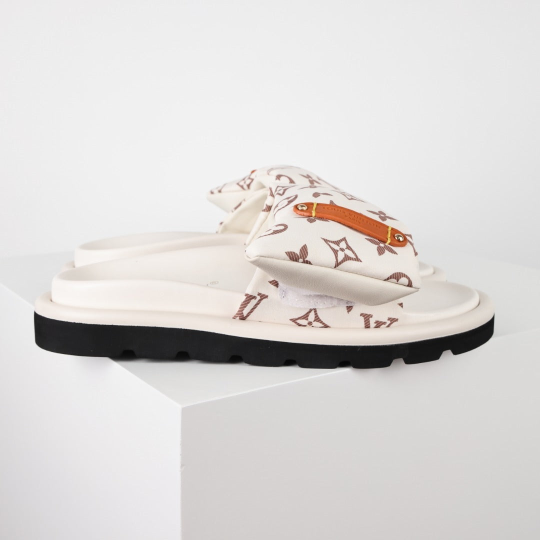 L***V Monogram Velcro Strap Slide Sandals — Adjustable Single Strap Pool Beach Slippers (8 Colors)