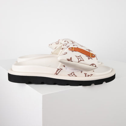 L***V Monogram Velcro Strap Slide Sandals — Adjustable Single Strap Pool Beach Slippers (8 Colors)