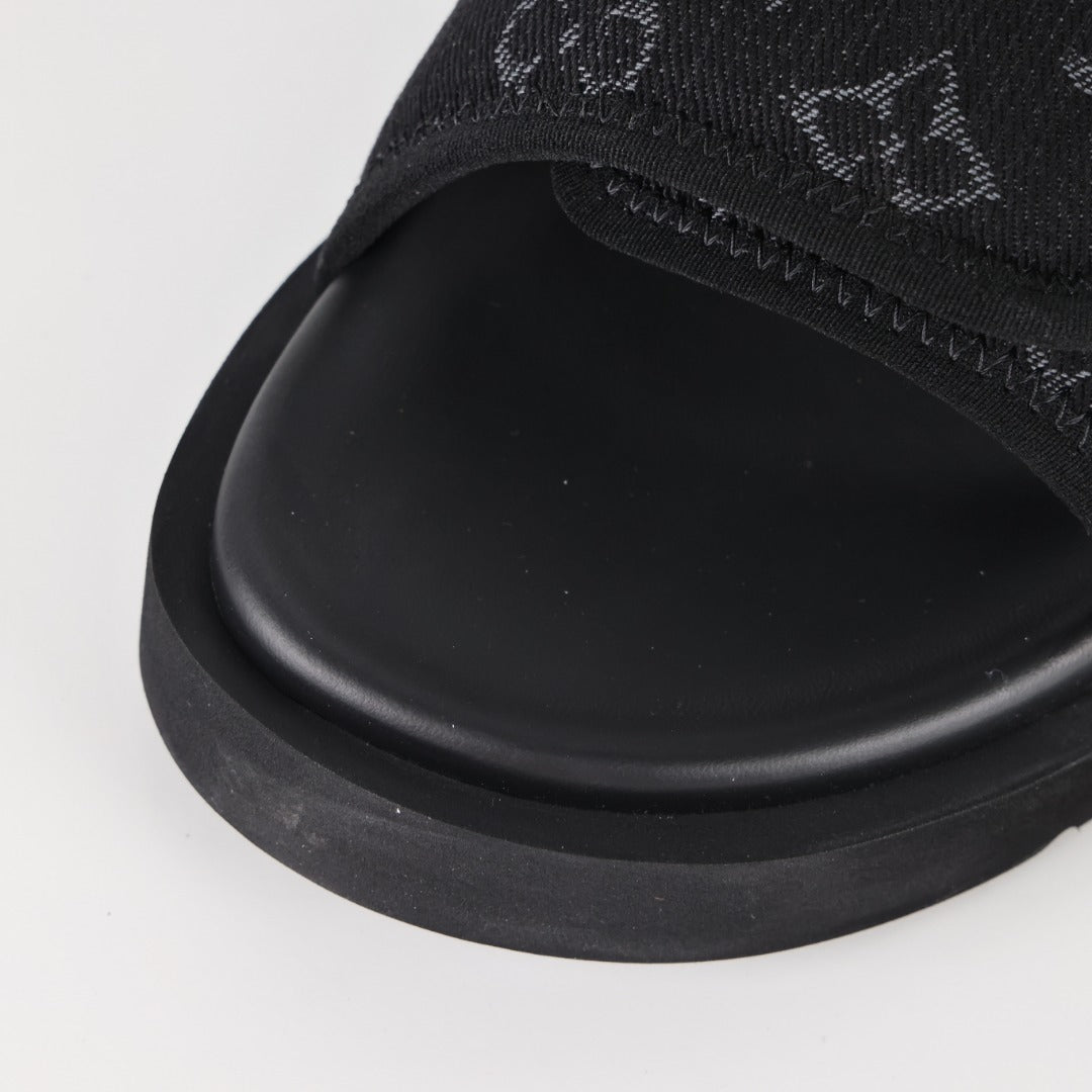 L***V All-Black Giant Monogram Floral Tonal Embroidery Slip-On Wide Strap Miami Slide Sandals — Spring Summer Boutique Limited Edition